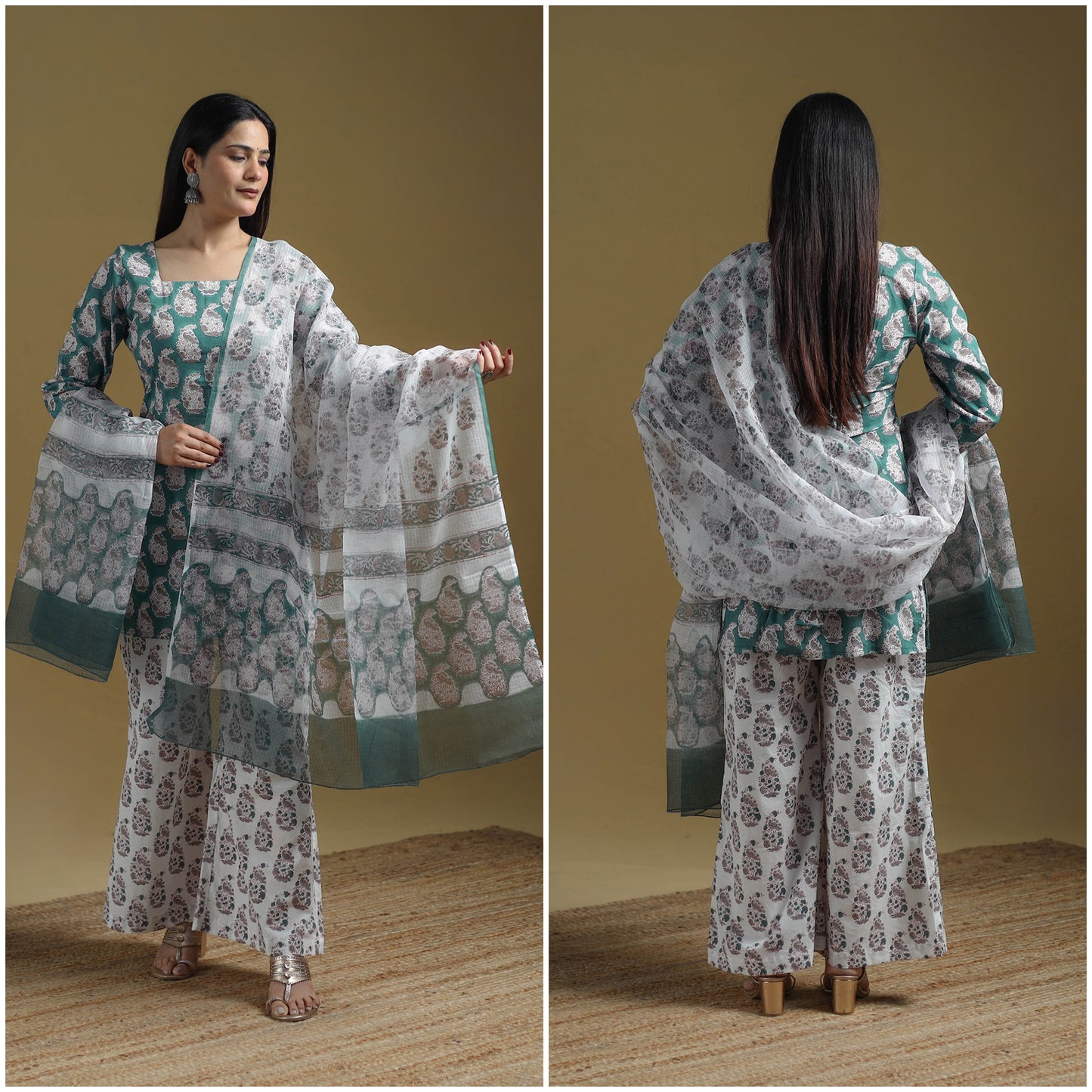 Green - Sanganeri Hand Block Print Cotton Suit Set with Dupatta for women 31