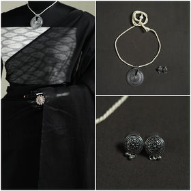 Black - Nazaakat Kota Doria Cotton Plain Saree with Blouse & Jewellery Set 01
