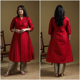 Red - Plain Spun Dupion Viscose Silk Buti A-Line Kurta for women 01