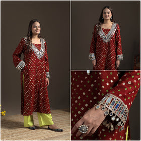 Gota Mirror Work Bandhani Tie-Dye Cotton Straight Long Kurta for Women 09