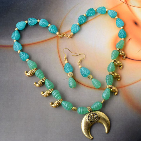 Bindurekha Crescent & Paisley Green Bead Necklace Set