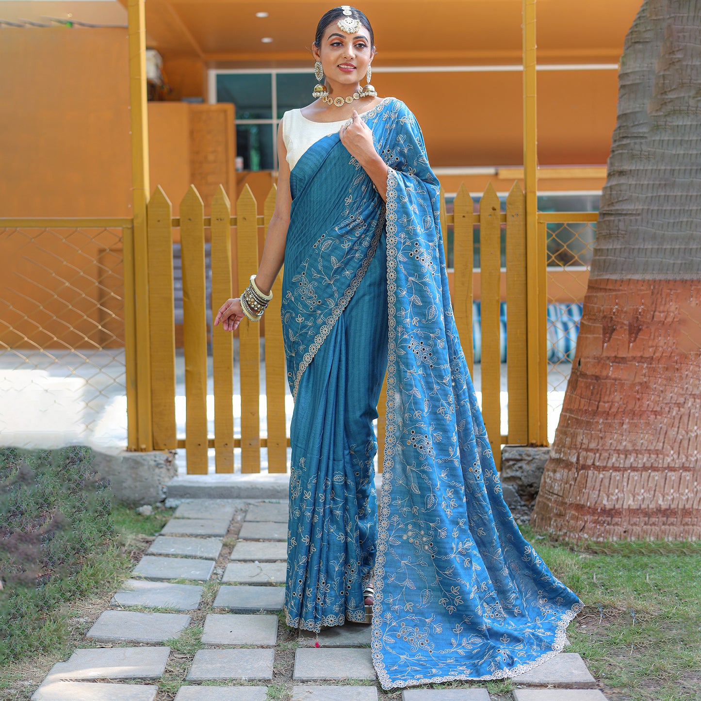 Aaisha Blue Soft Silk Handwork Saree