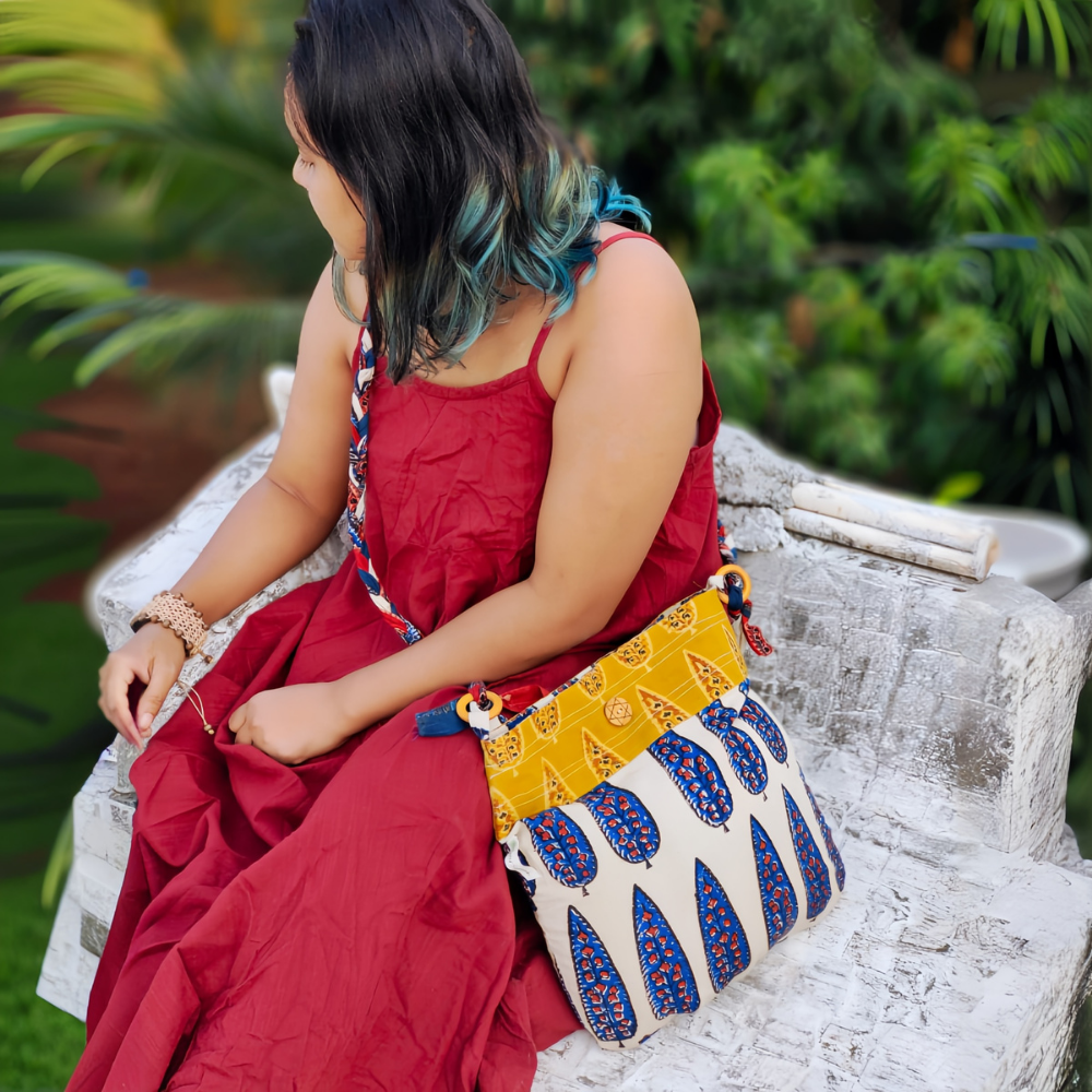 Handmade Blue & Off-white Hand Block Printed Braided Ethnic Sling Bags