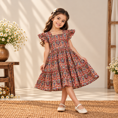 Pure Cotton Girls Tiered Frock Dress in Kalamkari Block Prints (3-4 Years) 09