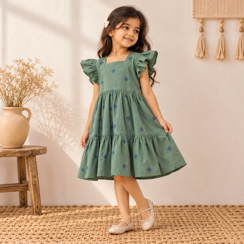 Pure Cotton Girls Tiered Frock Dress in Jacquard Weaving (3-4 Years) 26