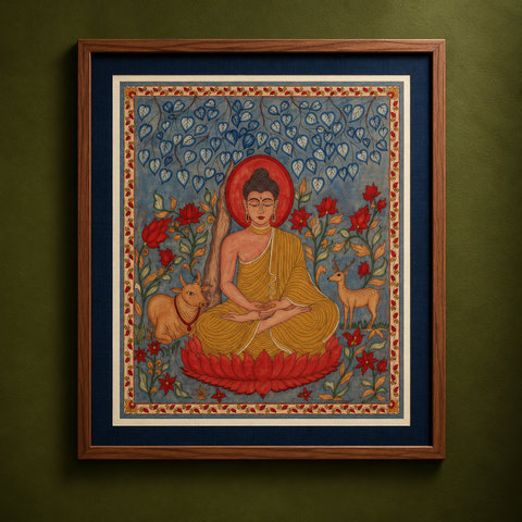 Srikalahasti Kalamkari Art Wall Hanging with Lord Buddha Motif by Ghanshyam Sarode (52 x 46 in) 10