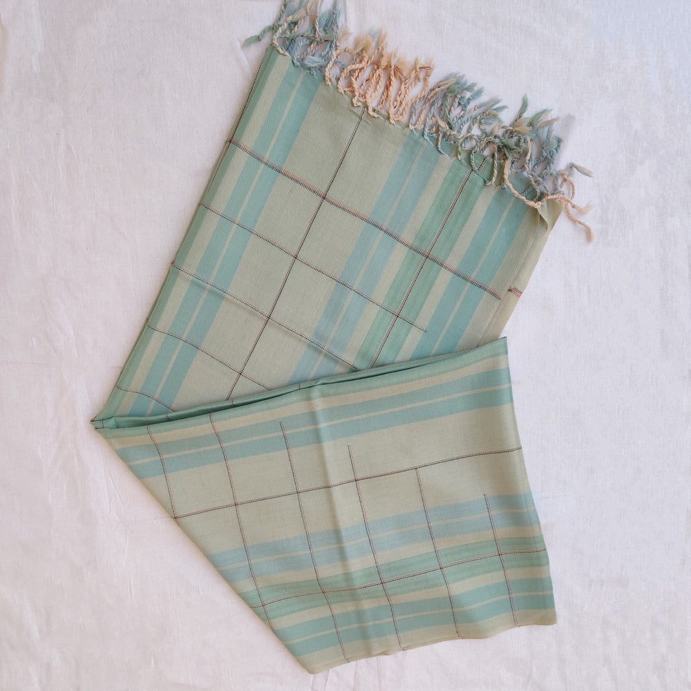 Multicolor - Cream Sky Blue Green Handwoven Merino Wool Stole