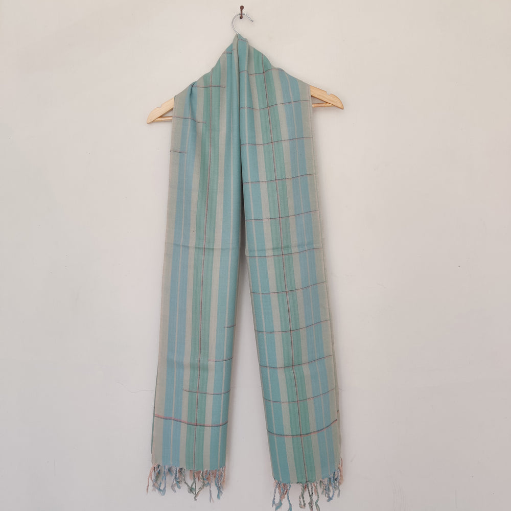 Multicolor - Cream Sky Blue Green Handwoven Merino Wool Stole