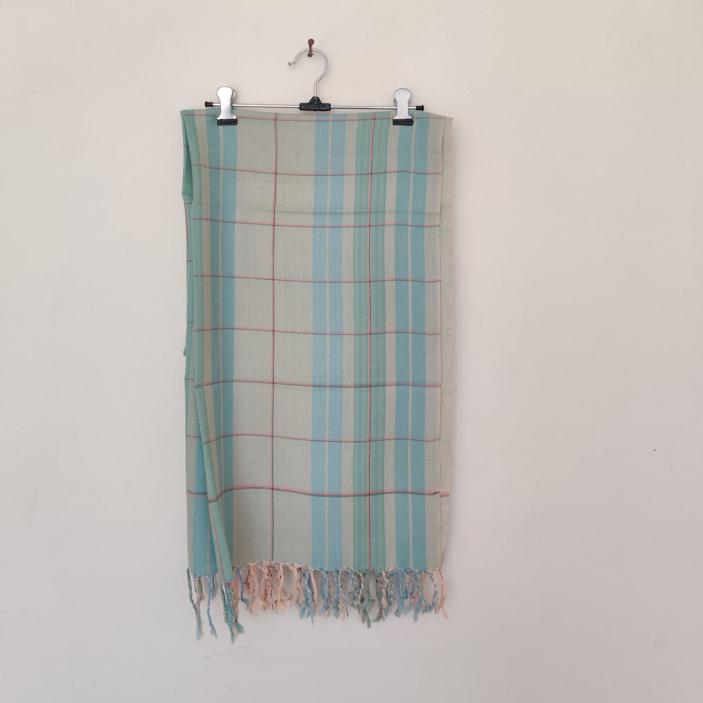 Multicolor - Cream Sky Blue Green Handwoven Merino Wool Stole