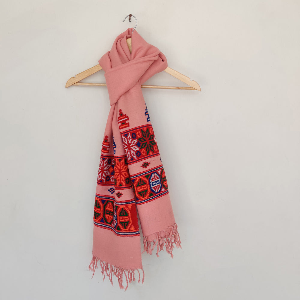 Peach - Pink Multicolor Handwoven Sheep Wool Kinnauri Stole