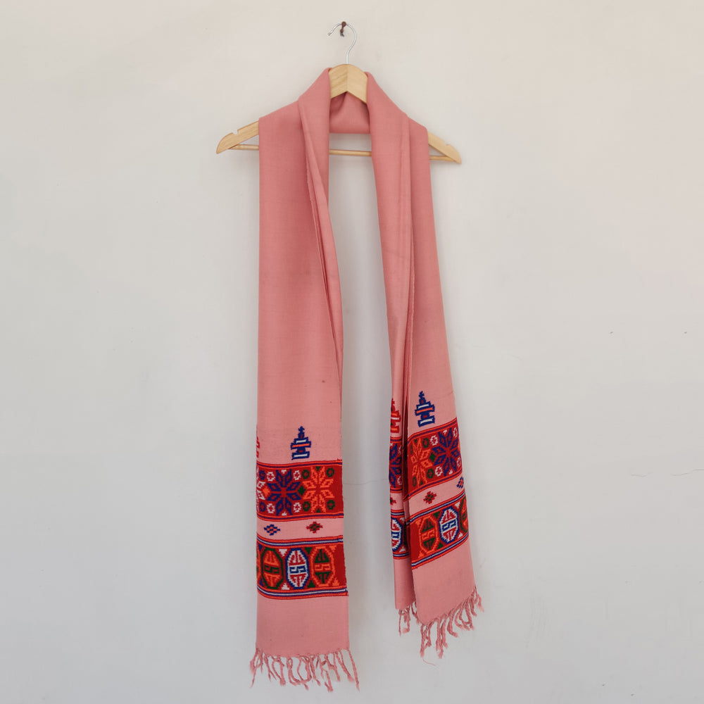 Peach - Pink Multicolor Handwoven Sheep Wool Kinnauri Stole