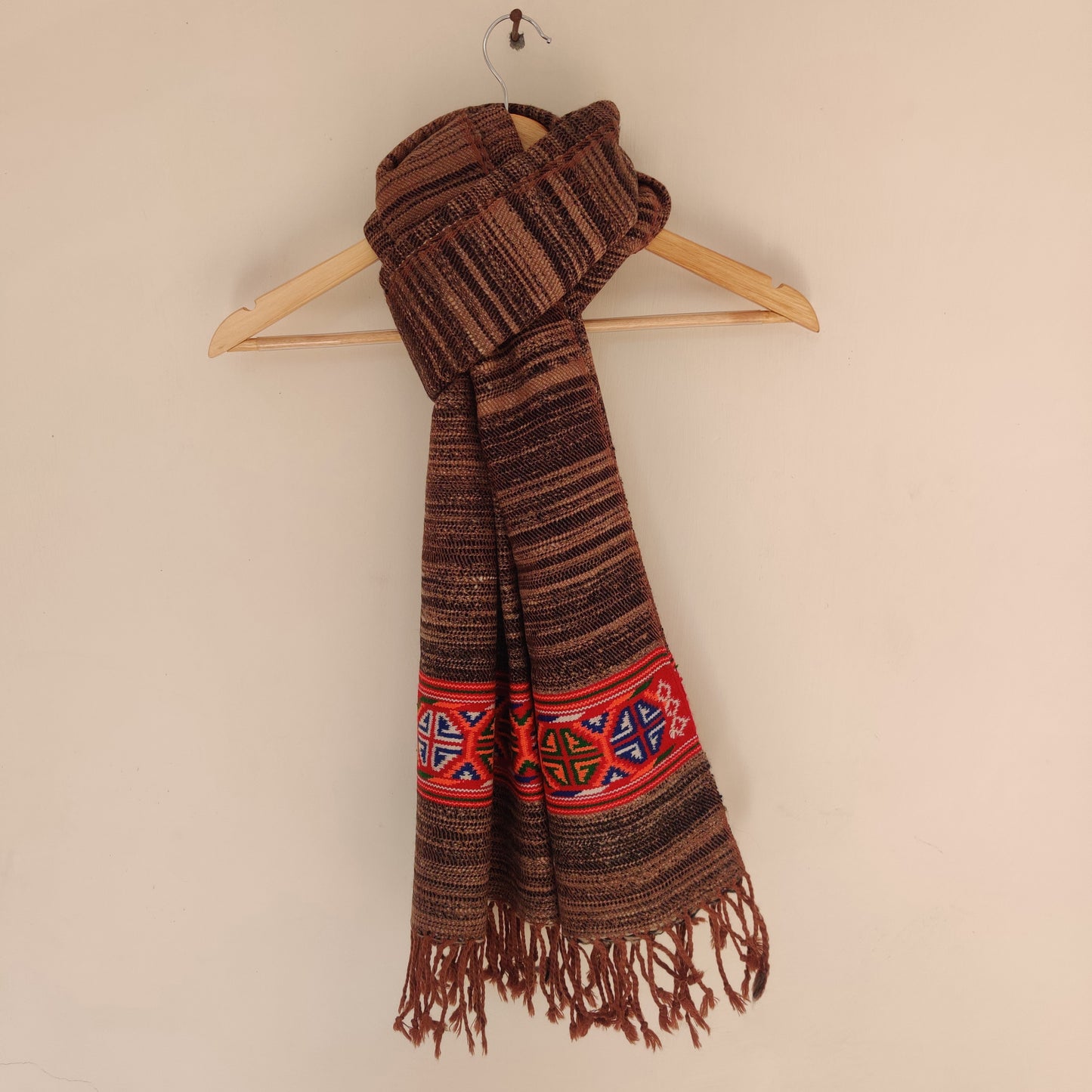 Brown Multicolor Handwoven Sheep Wool Kinnauri Stole