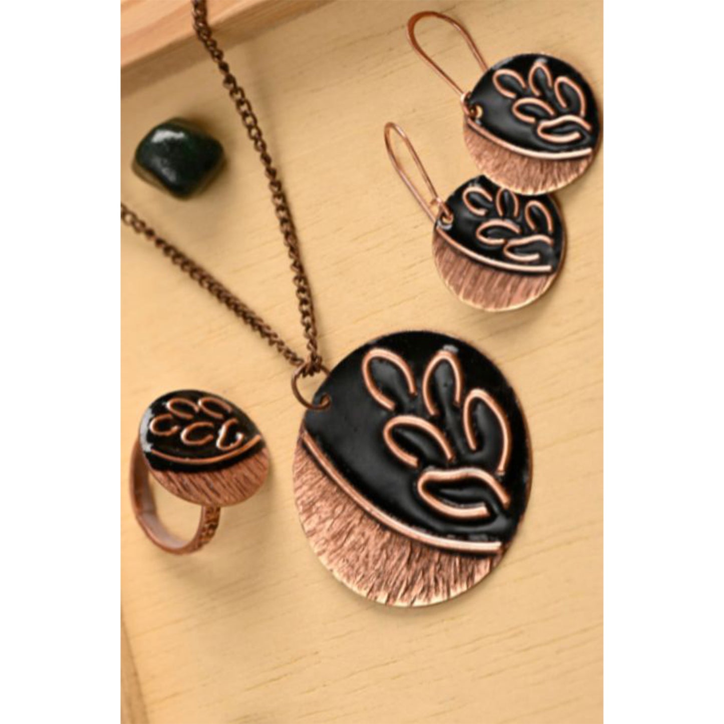 Hand Crafted Copper Enamel -  Leaflet Coal Set Small