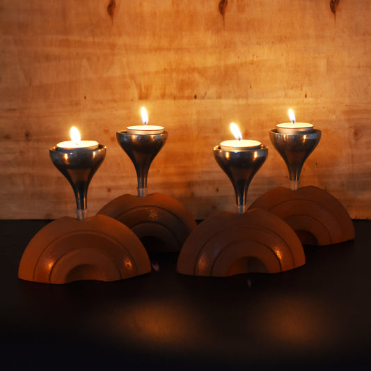 Handcrafted Terracotta Bliss Half Moon with Aluminum Funnel Candle Holder Set of 4 + 12 Tealights FREE