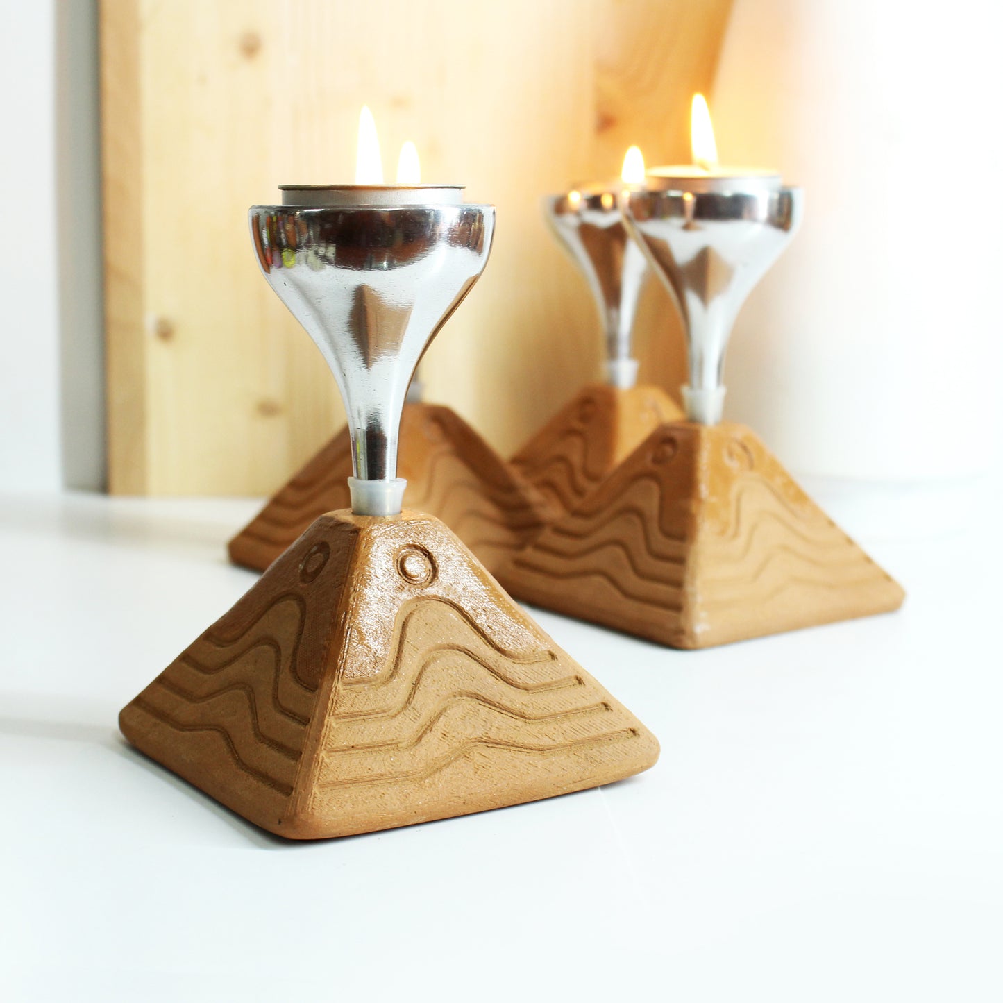 Handcrafted Terracotta Bliss Pyramid with Aluminum Funnel Candle Holder Set of 4 + tealights Complmentry