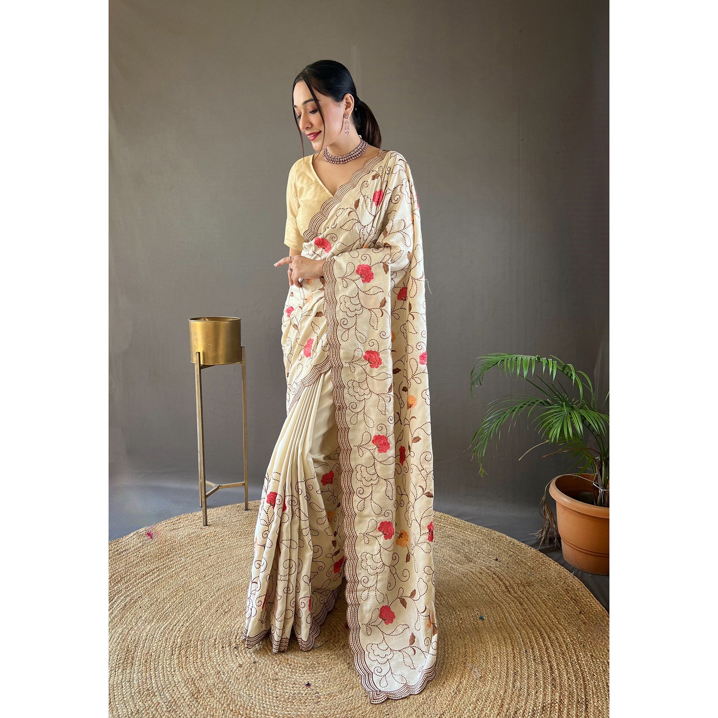 Leela Cream Tussar Silk Handwork Saree