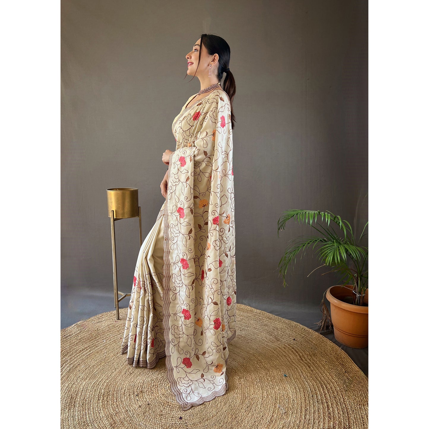 Leela Cream Tussar Silk Handwork Saree