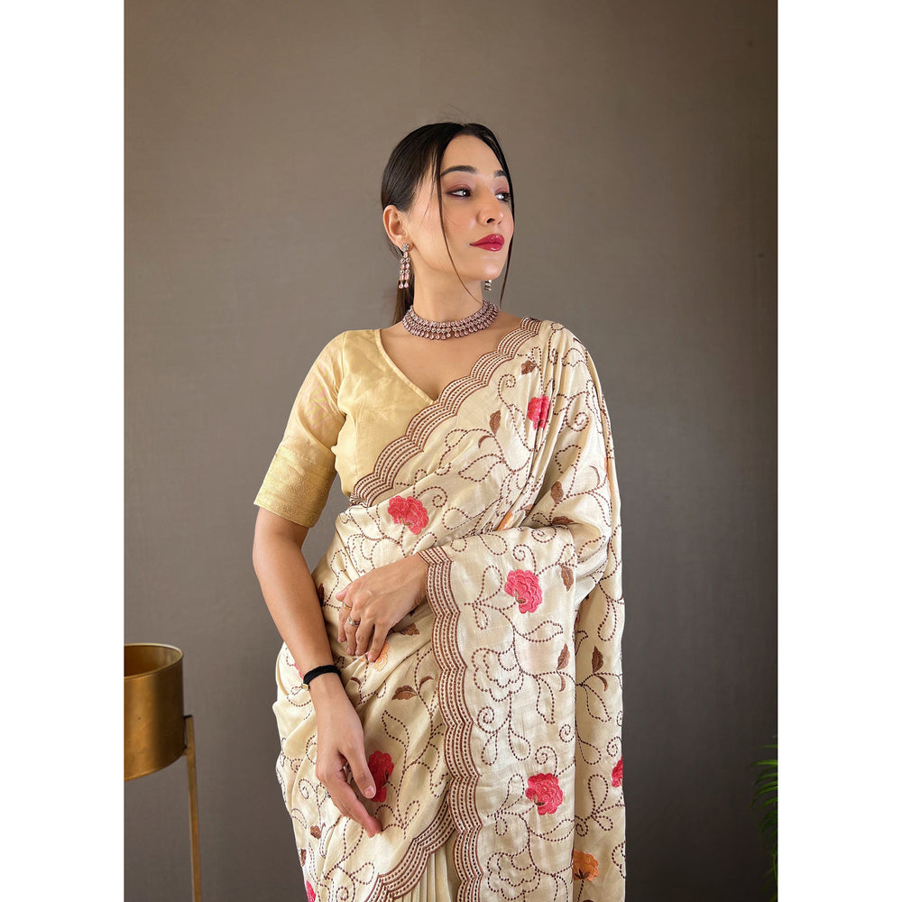 Leela Cream Tussar Silk Handwork Saree