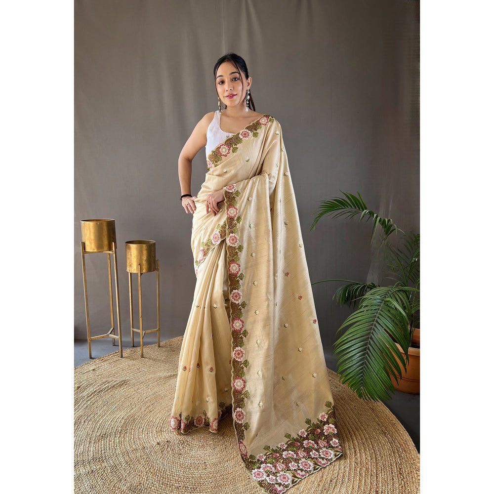 Narmada Cream Tussar Silk Handwork Saree