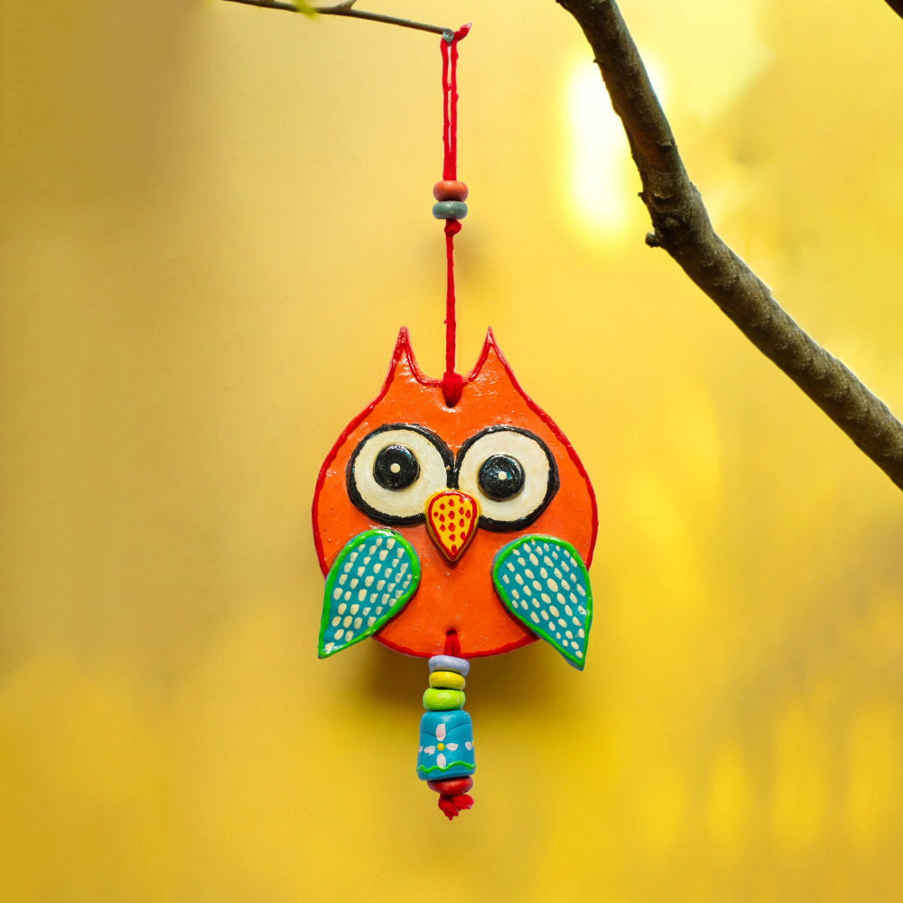 Handmade and Hand Painted Clay Art Owl Wall Hanging