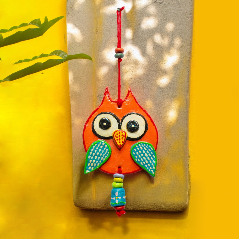 Handmade and Hand Painted Clay Art Owl Wall Hanging