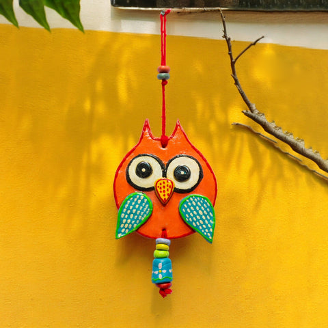 Handmade and Hand Painted Clay Art Owl Wall Hanging