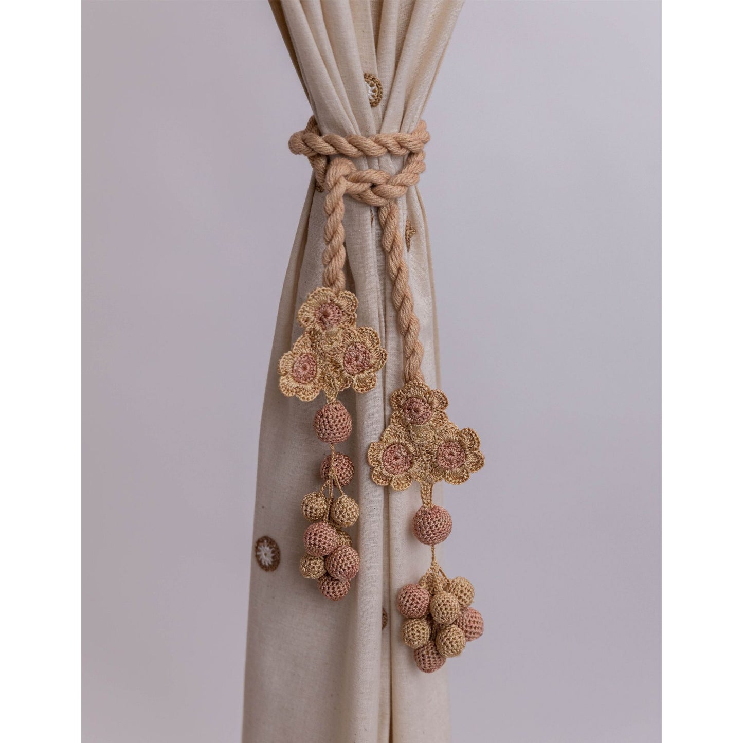 Curtain Tie Backs (Set of 2) ~ Kono Beige Triple Flower & Beads