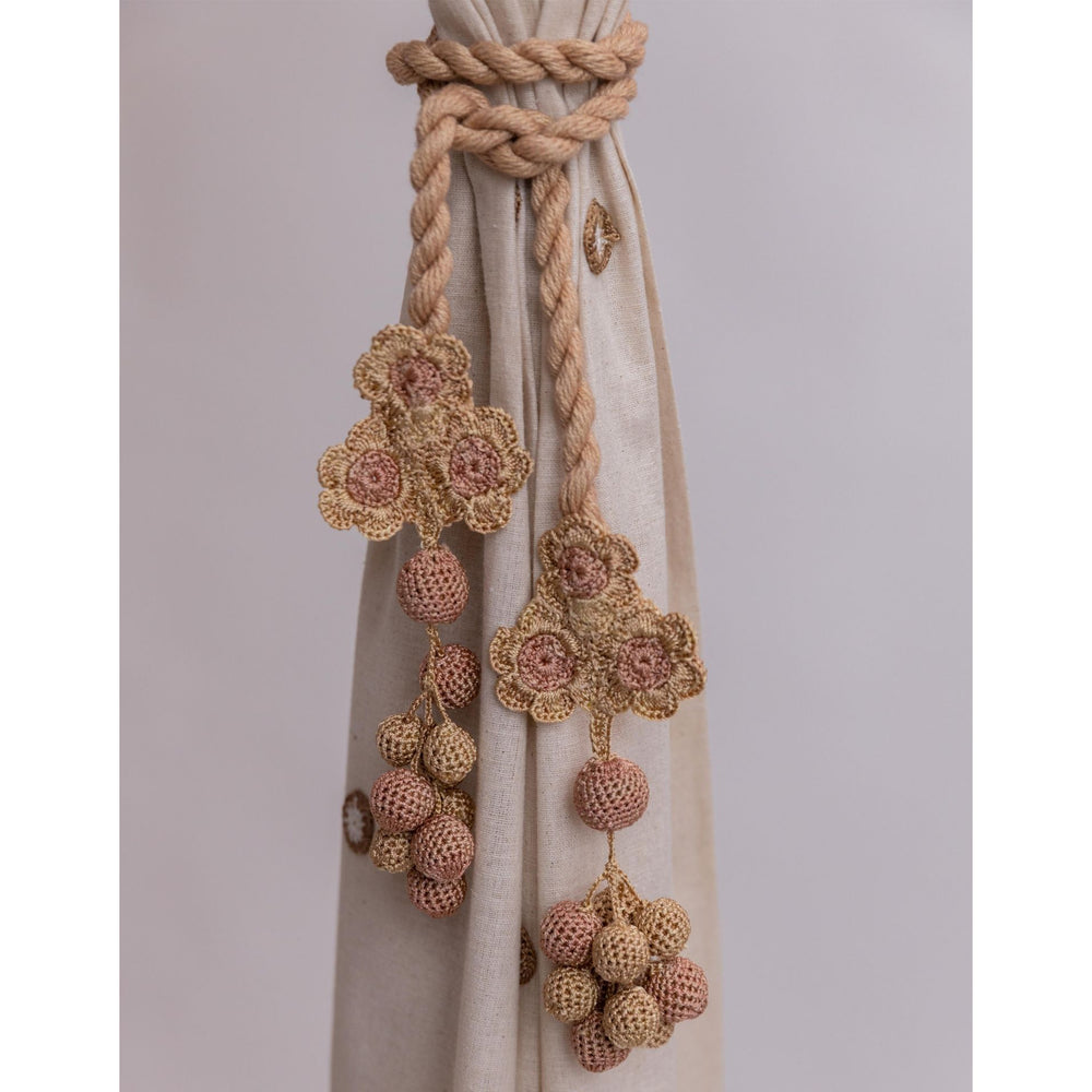 Curtain Tie Backs (Set of 2) ~ Kono Beige Triple Flower & Beads