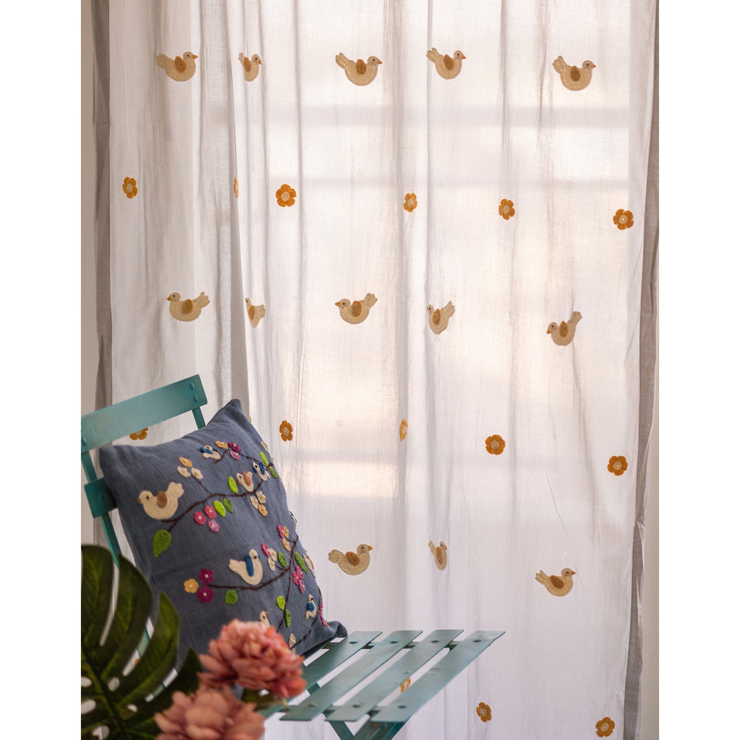 Prakriti Door Curtain ~ Crochet Birds ~ Light Beige