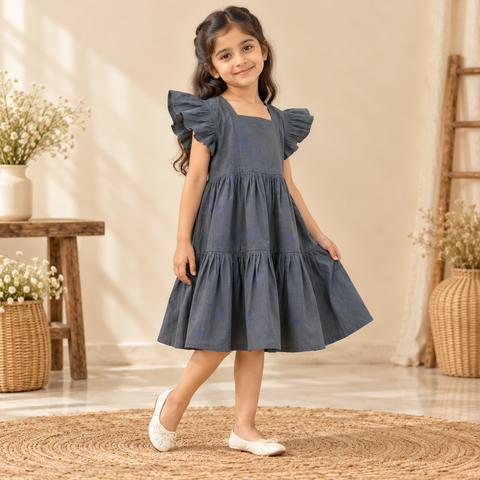 Pure Cotton Girls Tiered Frock Dress in Jacquard Weaving (3-4 Years) 20