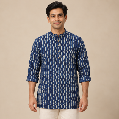 Indigo Bagru Block Print Natural Dyed Cotton Short Men Kurta 02