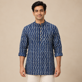 Indigo Bagru Block Print Natural Dyed Cotton Short Men Kurta 02