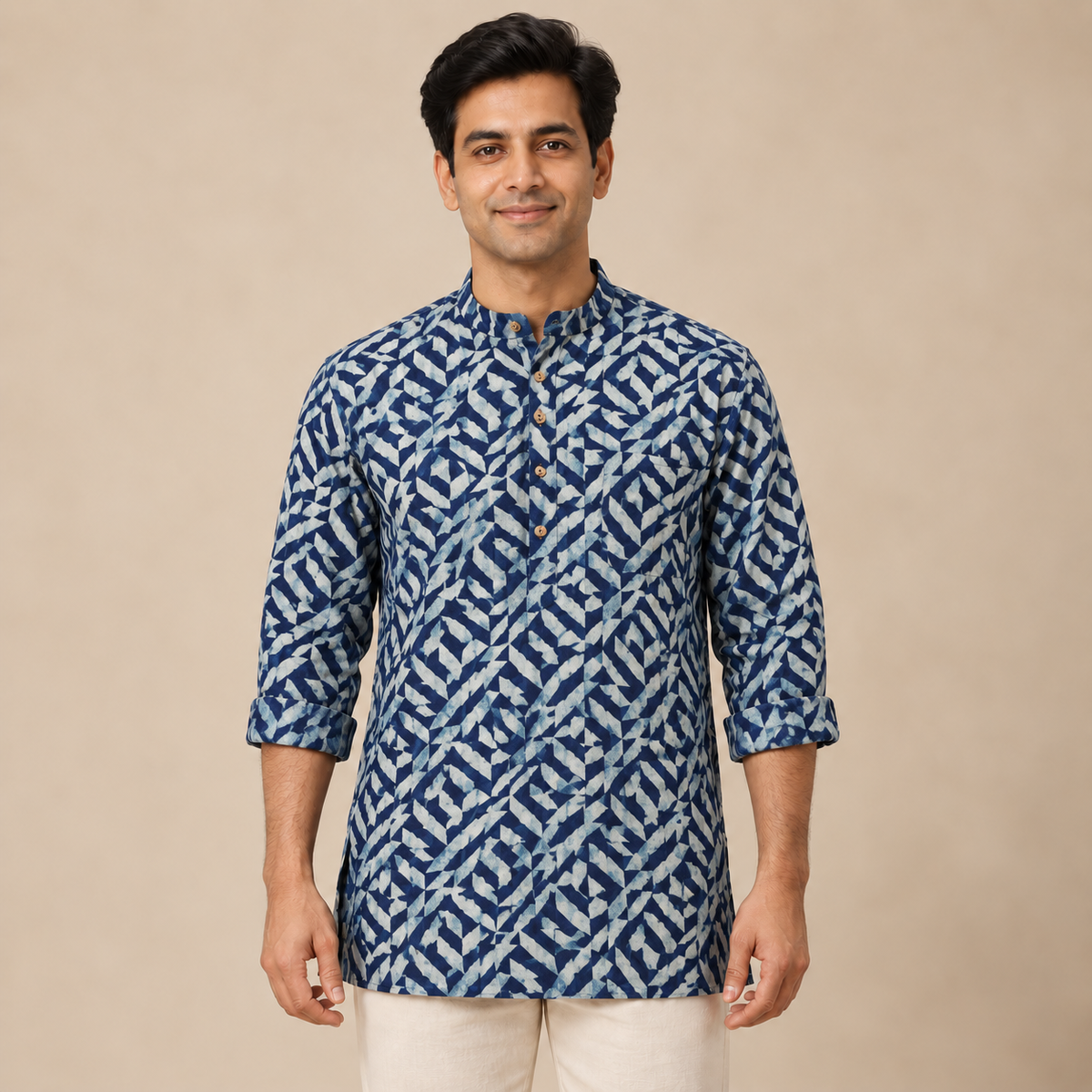 Indigo Bagru Block Print Natural Dyed Cotton Short Men Kurta 01