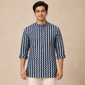 Indigo Bagru Block Print Natural Dyed Cotton Short Men Kurta 03