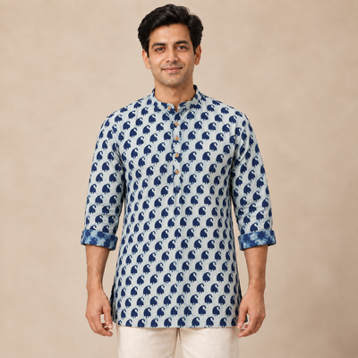 Indigo Bagru Block Print Natural Dyed Cotton Short Men Kurta 05
