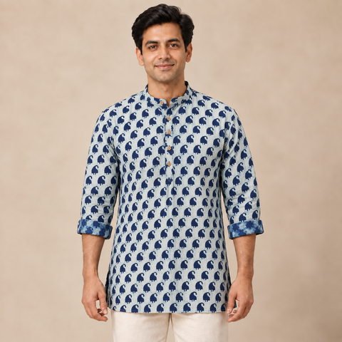 Indigo Bagru Block Print Natural Dyed Cotton Short Men Kurta 05