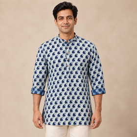 Indigo Bagru Block Print Natural Dyed Cotton Short Men Kurta 05