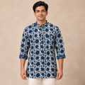 Indigo Bagru Block Print Natural Dyed Cotton Short Men Kurta 07