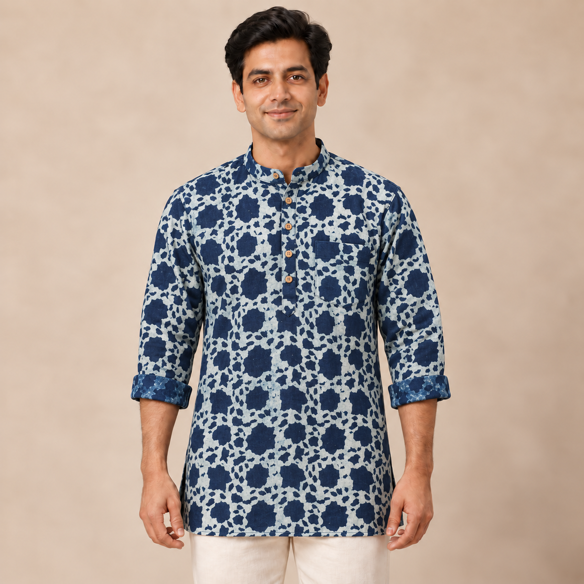 Indigo Bagru Block Print Natural Dyed Cotton Short Men Kurta 07