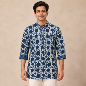 Indigo Bagru Block Print Natural Dyed Cotton Short Men Kurta 07
