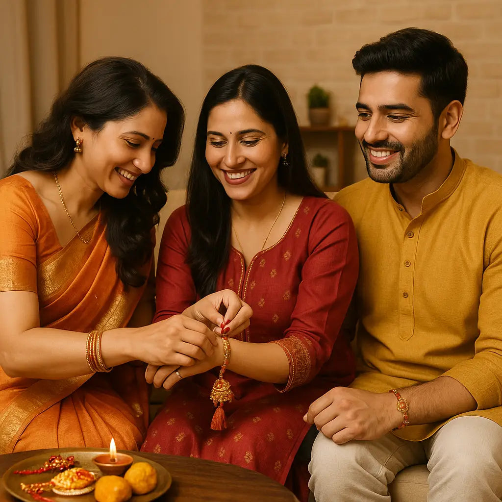 Sister tying lumba rakhi to bhabhi