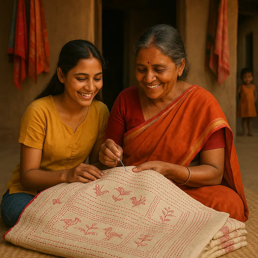 Daugther learning kantha stich