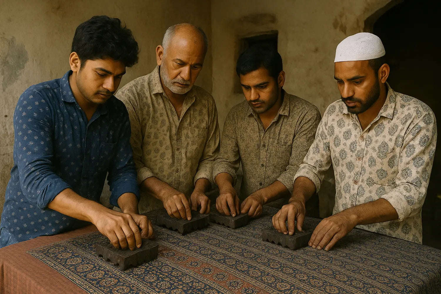 Generation of fami;ies doing ajrakh block printing