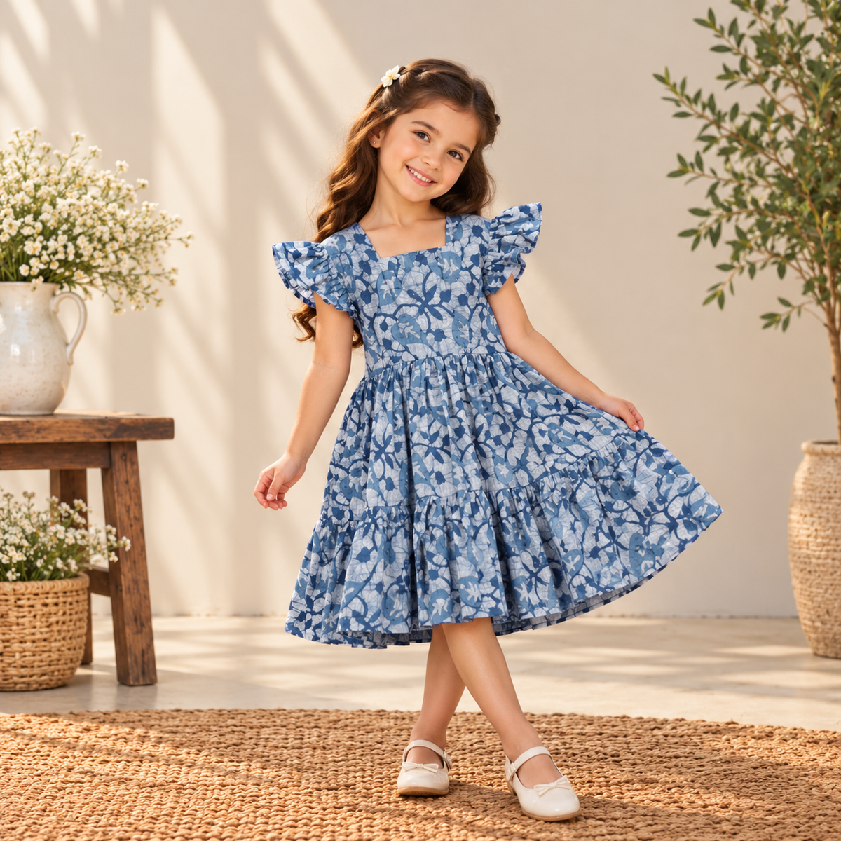 Pure Cotton Girls Tiered Frock Dress in Batik Block Prints (3-4 Years) 10