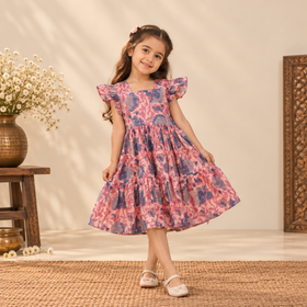 Pure Cotton Girls Tiered Frock Dress in Sanganeri Floral Prints (3-4 Years) 01