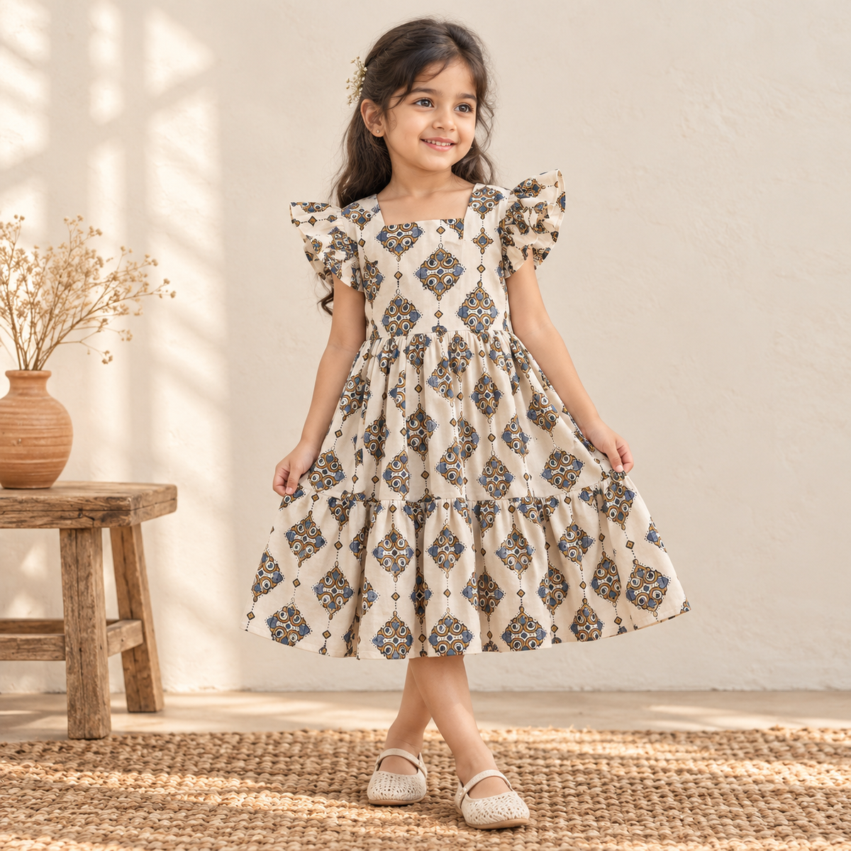 Pure Cotton Girls Tiered Frock Dress in Ajrakh Block Print (3-4 Years) 45
