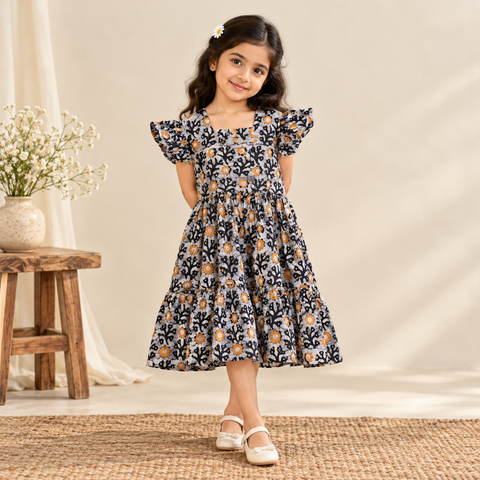 Pure Cotton Girls Tiered Frock Dress in Batik Block Prints (3-4 Years) 14
