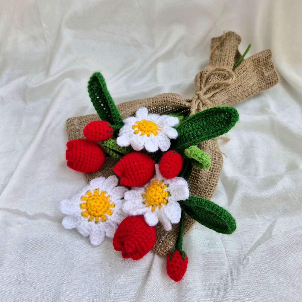 Handmade Flower Bouquet Set Of 3 Daisy Flower 3 Red Tulip And 3 Red Buds