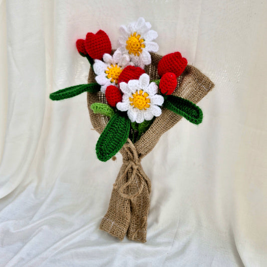 Handmade Flower Bouquet Set Of 3 Daisy Flower 3 Red Tulip And 3 Red Buds