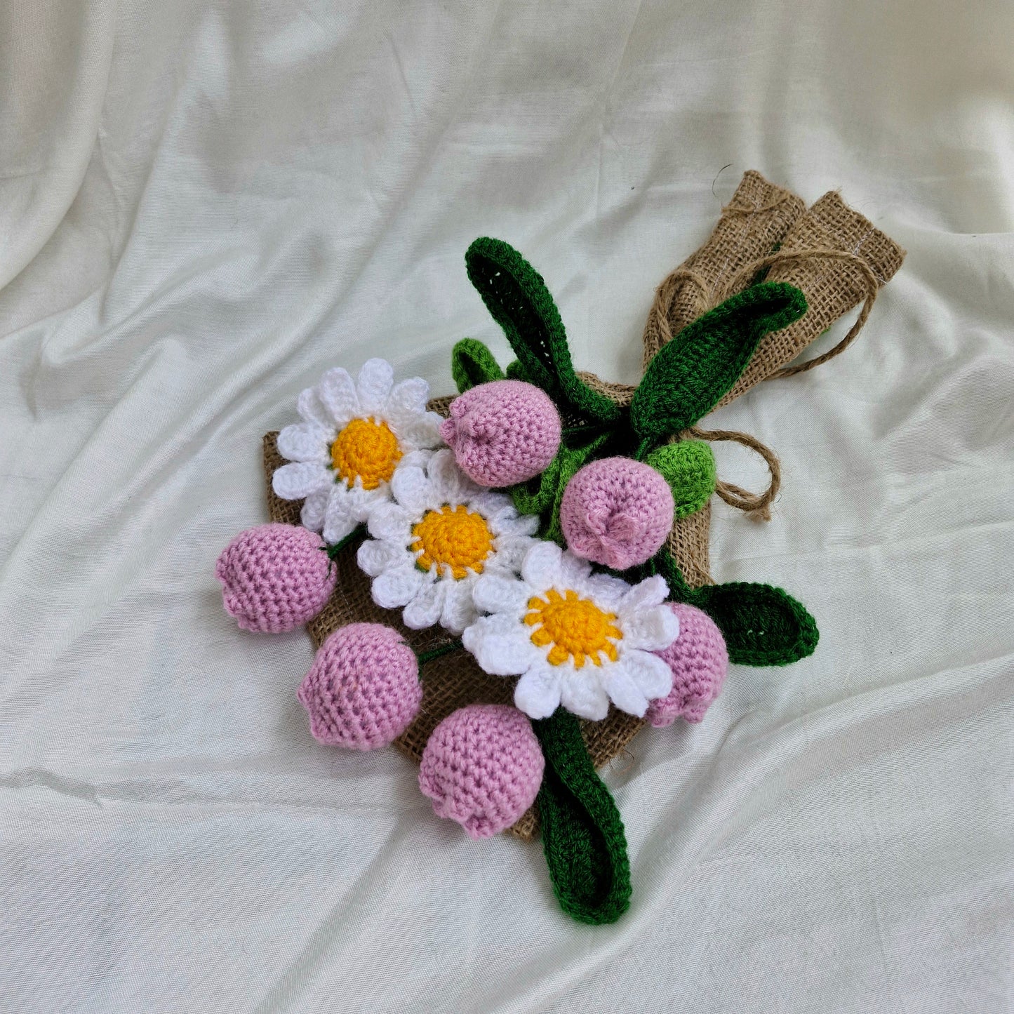 Handmade Flower Bouquet Set Of 6 Purple Tulip And 3 White Daisy